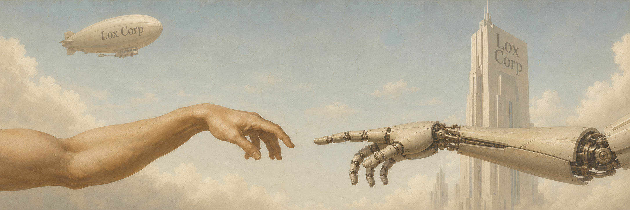 Lox Corp — the founding fresco: a human hand and a machine hand, about to touch